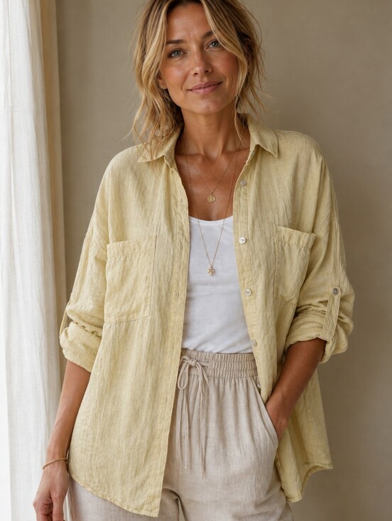 Magaschoni Tops - Magaschoni Women Medium 100% Linen Yellow Button Front Shirt Roll Tab Tunic